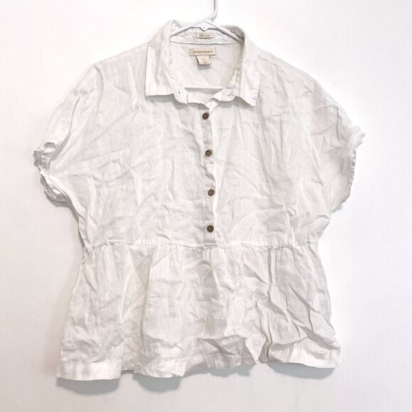 CATHERINE MALANDRINO Solid White Popover Short Sleeve 100% Linen Peplum Blouse M - Picture 2 of 12